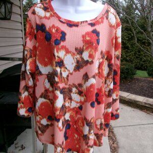 NWOT RUBY RD PEACH*ORANGE FLORAL WAFFLE KNIT TOP 2X